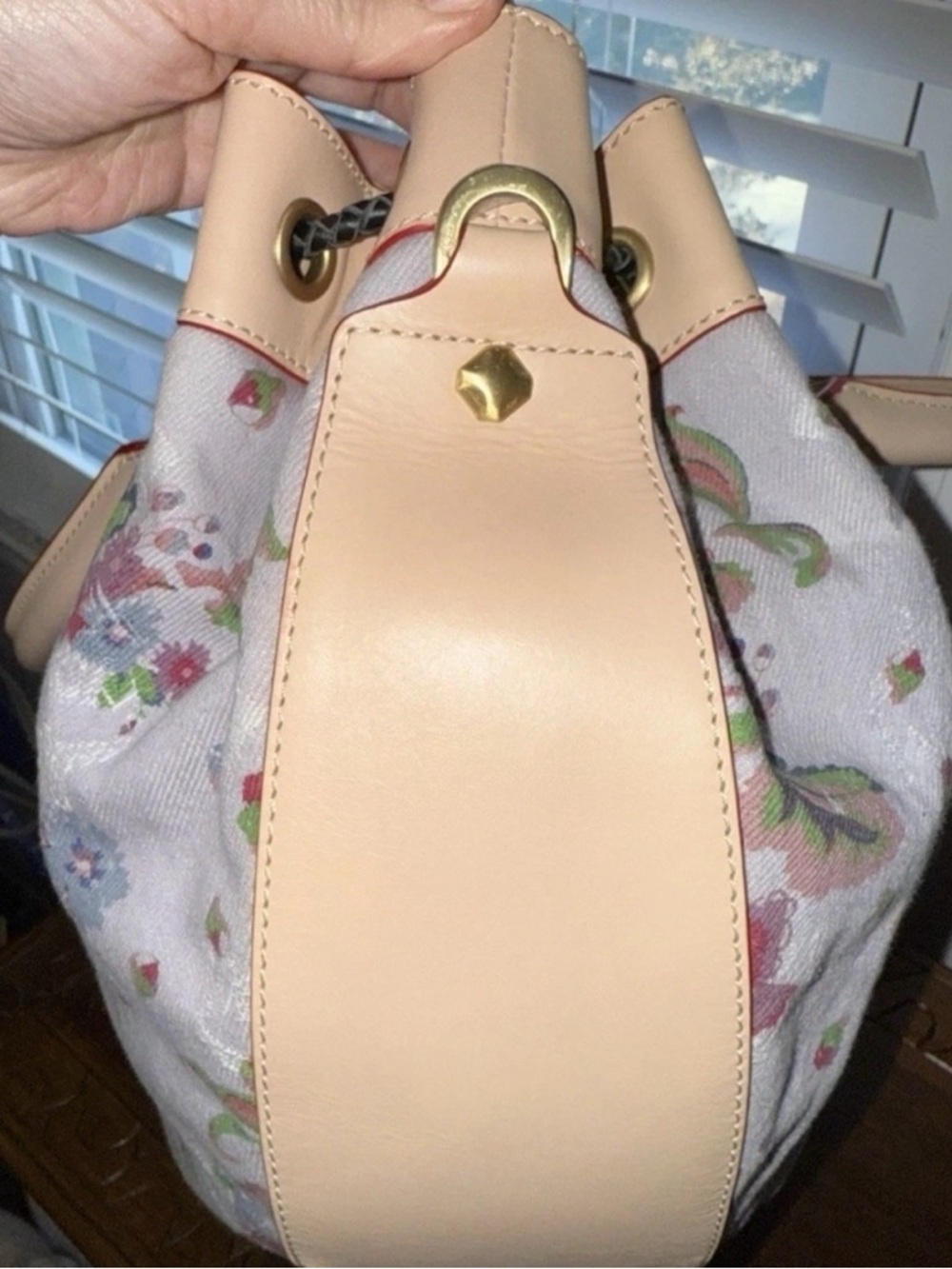 MCM LIMITED EDITION Floral Canvas Drawstring Tote with Tan Leather Trim - Picture 5 of 11